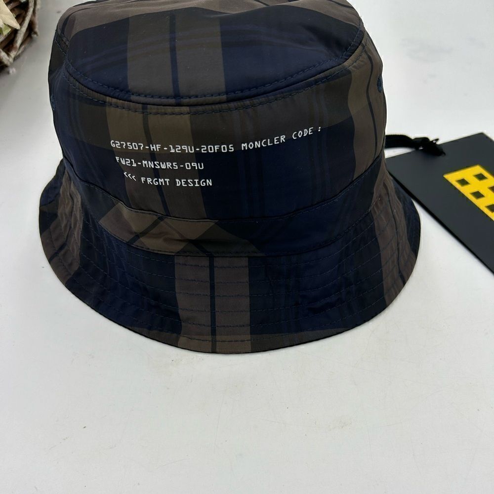Men’s Moncler genius fragment printed check, nylon bucket, hat, size medium